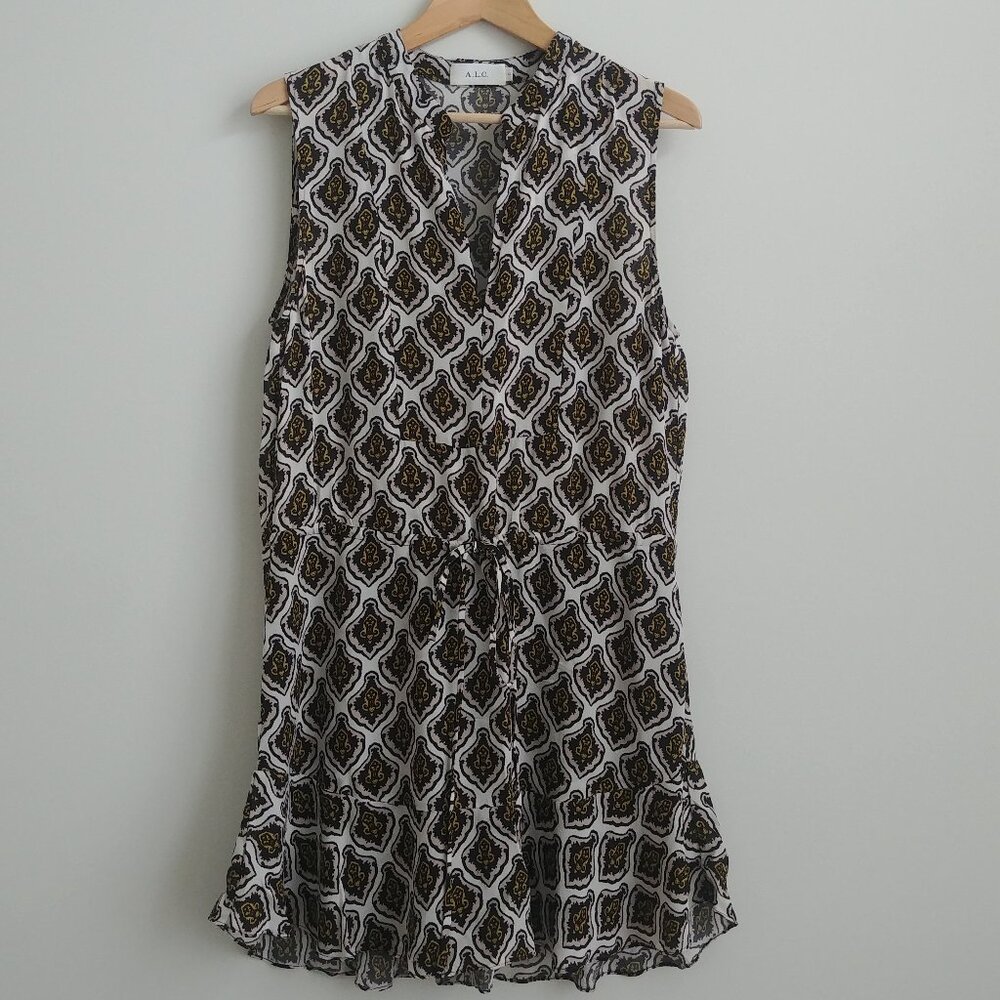A.L.C. 100% silk sleeveless drawstring waist dress size 10 ivory black
